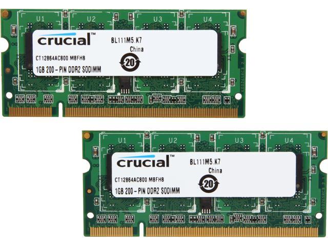 Crucial 1GB 200-Pin DDR2 SO-DIMM DDR2 800 (PC2 6400) Dual Channel Kit Laptop Memory Model CT2KIT12864AC800