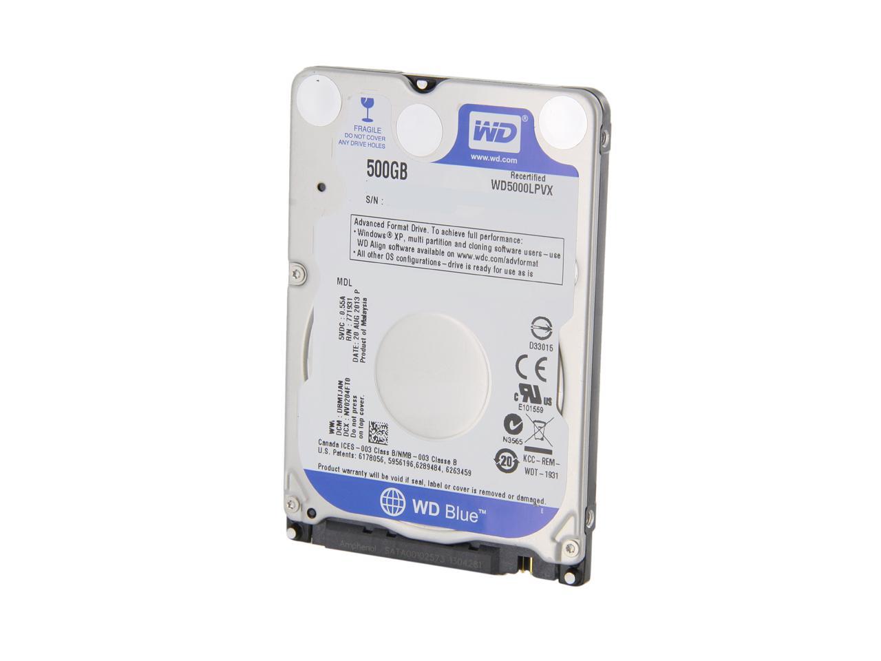 WD Blue WD5000LPVX 500GB 5400 RPM 8MB Cache SATA 6.0Gb/s 2.5" Internal Notebook Hard Drive Bare Drive-Factory Recertified