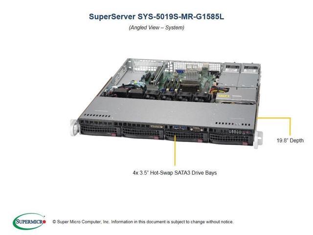Supermicro SuperServer 5019S-MR-G1585L 1U Rack-mountable Server - 1 x Intel Xeon E3-1585L v5 Quad-core (4 Core) 3 GHz DDR4 SDRAM - Serial ATA/600 Controller - 0, 1, 5, 10 RAID Levels - 2 x 400 W