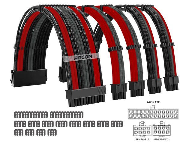 1STPLAYER/KITCOM PC Build Customization Mod Sleeve Extension ATX Power Supply Braided Cable Kit/Set 18AWG ATX/ Extra-Sleeved 24-PIN / 8-Pin PCI-E (6+2) / 8-Pin PES (4+4) with Combs, Black/Red/Grey Mix
