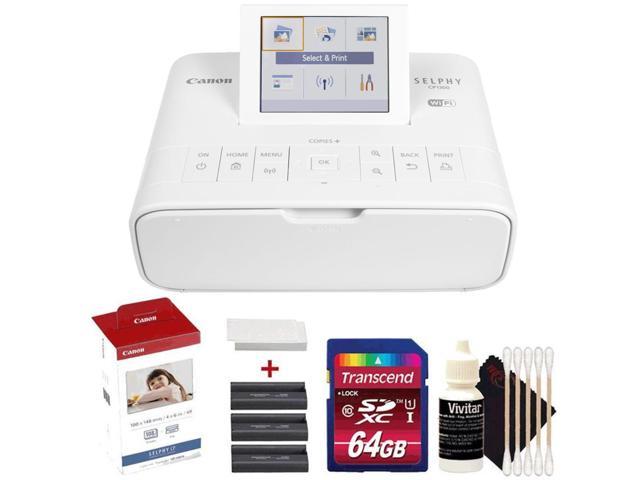Canon Selphy CP1300 Compact Photo Printer White + Canon KP-108IN Selphy Color Ink 4x6 Paper Set + 64GB Memory Card