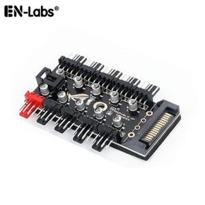 EnLabs PWMHUB10S 10 Ports 4-Pin PWM Fan Hub, SATA 15pin to 10 Fan Power Splitter Adapter Cable w/ Self-sticker for 3Pin / 4Pin fan