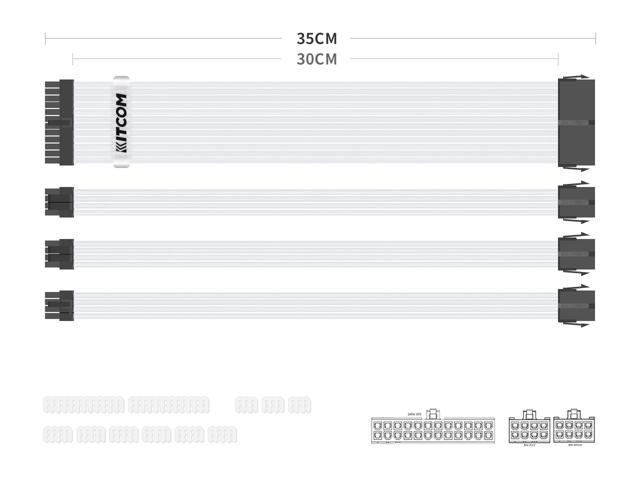 White Cable Extensions 18AWG PSU Sleeved Braided Cable Wire Kit/Set for ATX Modular Power Supply Gaming PC Build Customization Mod /24-PIN/8-PIN (4+4) CPU/Dual GPU (6+2) with combs (KITCOM 4 Pack)