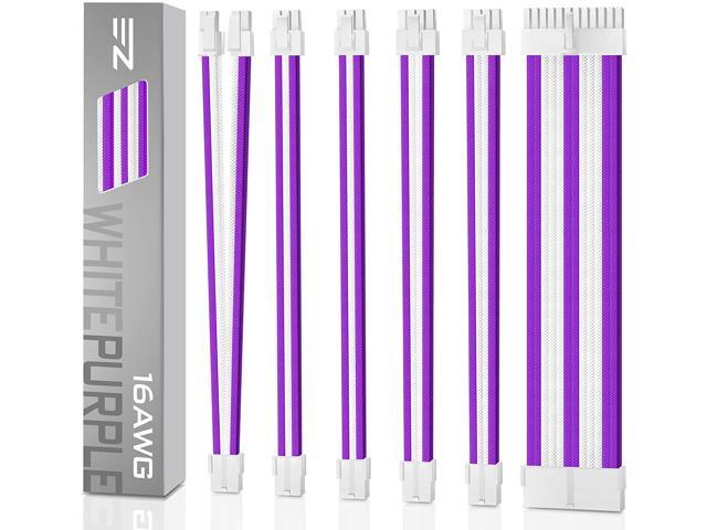PSU Cable Extension kit Sleeved Cable Custom Power Supply Sleeved Extension 16 AWG 24-PIN 8-PIN 6-PIN 4+4-PIN with White Combs-White Connector-White and Purple Cable