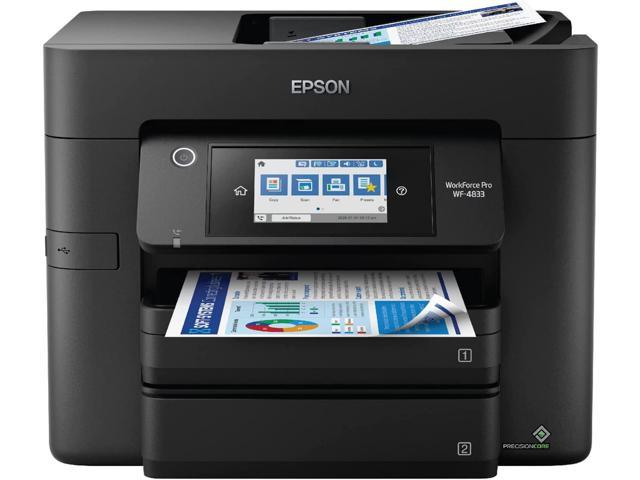 Epson Workforce Pro WF-4833 Wireless All-in-One Color Inkjet Printer, Black - Print Scan Copy Fax - Ethernet, 25 ppm, 4800 x 2400 dpi, 4.3" Touchscreen, Auto 2-Sided Printing, 50-Sheet ADF