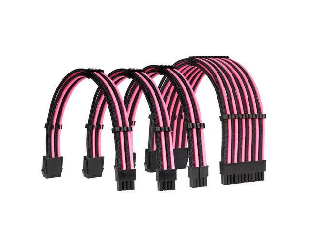 Sleeved Cables PSU Extension Kit 18AWG 30cm ATX 24-pin CPU4+4-pin PCI-E 6+2-pin with Combs for PSU to MotherboardGPU (Pink Black)
