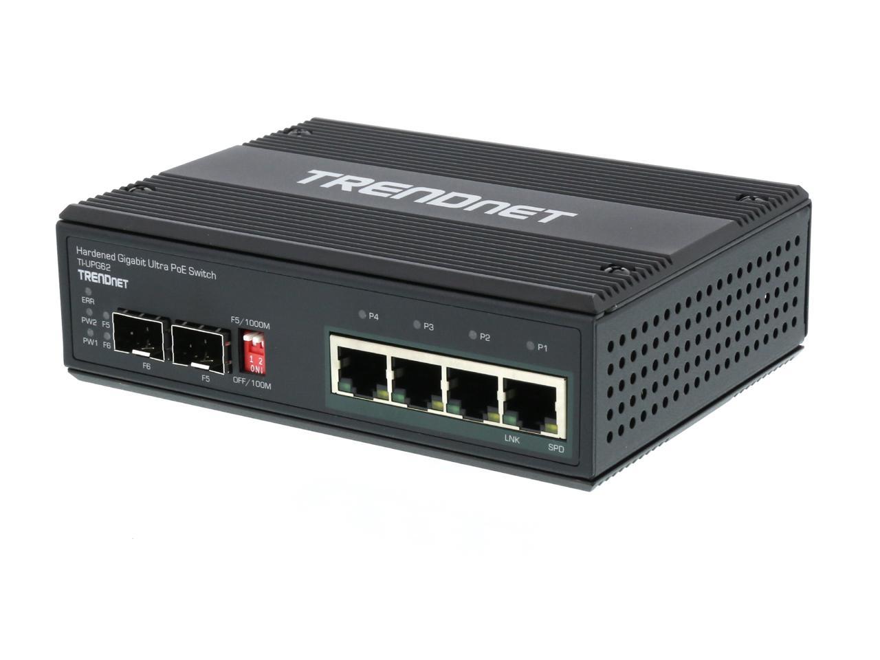 TRENDnet TI-UPG62 6-Port Hardened Industrial Gigabit Ultra PoE DIN-Rail Switch Limited Lifetime Warranty
