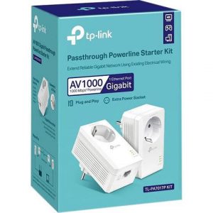 TP-Link AV1000 Powerline Ethernet Adapter (TL-PA7017P KIT) – Gigabit Port, Plug and Play, Extra Power Socket for Additional Devices, Ideal for Smart TV