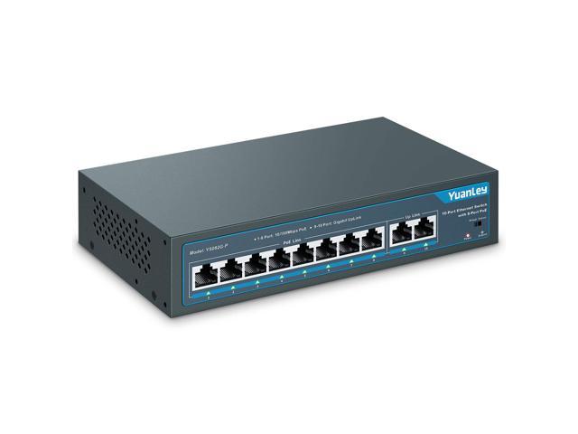 YuanLey 10 Port PoE Switch, 8 PoE+ Port 100Mbps, 2 Gigabit Uplink, 120W 802.3af/at, Extend Function, Metal, Fanless, Plug and Play