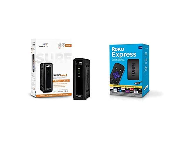 ARRIS Surfboard SBG10 DOCSIS 3.0 Cable Modem  and  AC1600 Dual Band Wi-Fi Router (Black)  and  Roku Express | HD Streaming Media Player with High Speed HDMI Cable and Simple Remote