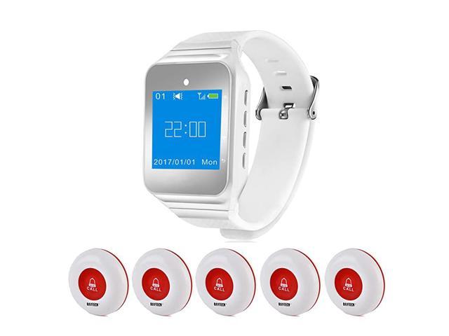 Caregiver Wrist Pager Call Button for Senior Safety Panic Button for Elderly Smart Personal Alarm Alert Pager Watch 1 Wrist PagerVibration + Sound+Time 5 Waterproof SOS Call Buttons