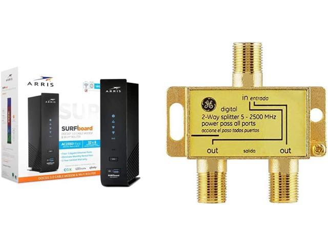 SURFboard SBG7600AC2 DOCSIS 3.0 Cable Modem & AC2350 Dual-Band Wi-Fi Router (black) & GE Digital 2-Way Coaxial Cable Splitter, 2.5 GHz 5-2500 MHz, Works with HD TV, Satellite,High Speed Internet